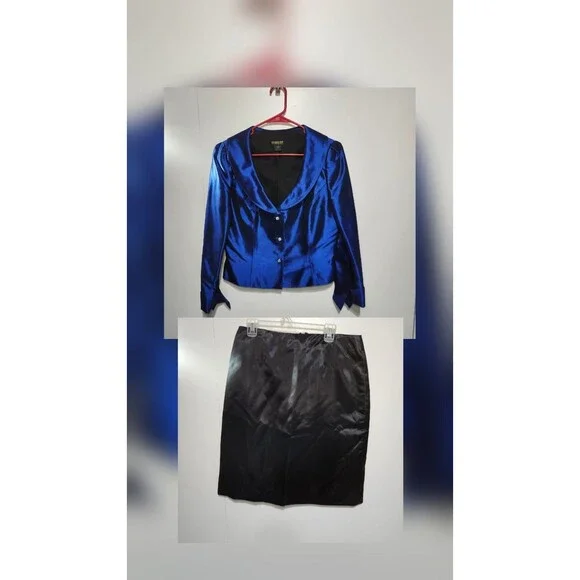 VNT Georgiou Studio Blue Shiny Blazer Size 12 + Unbranded Skirt Set Womens Suit - Picture 2 of 16